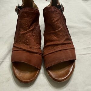 Miz Mooz Brown Leather Embossed Open-Toe Buckle Mules